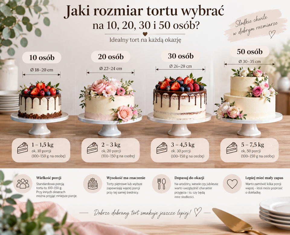 Jaki rozmiar tortu wybrać na 10, 20, 30 i 50 osób? Jaki rozmiar tortu wybrać na 10, 20, 30 i 50 osób?